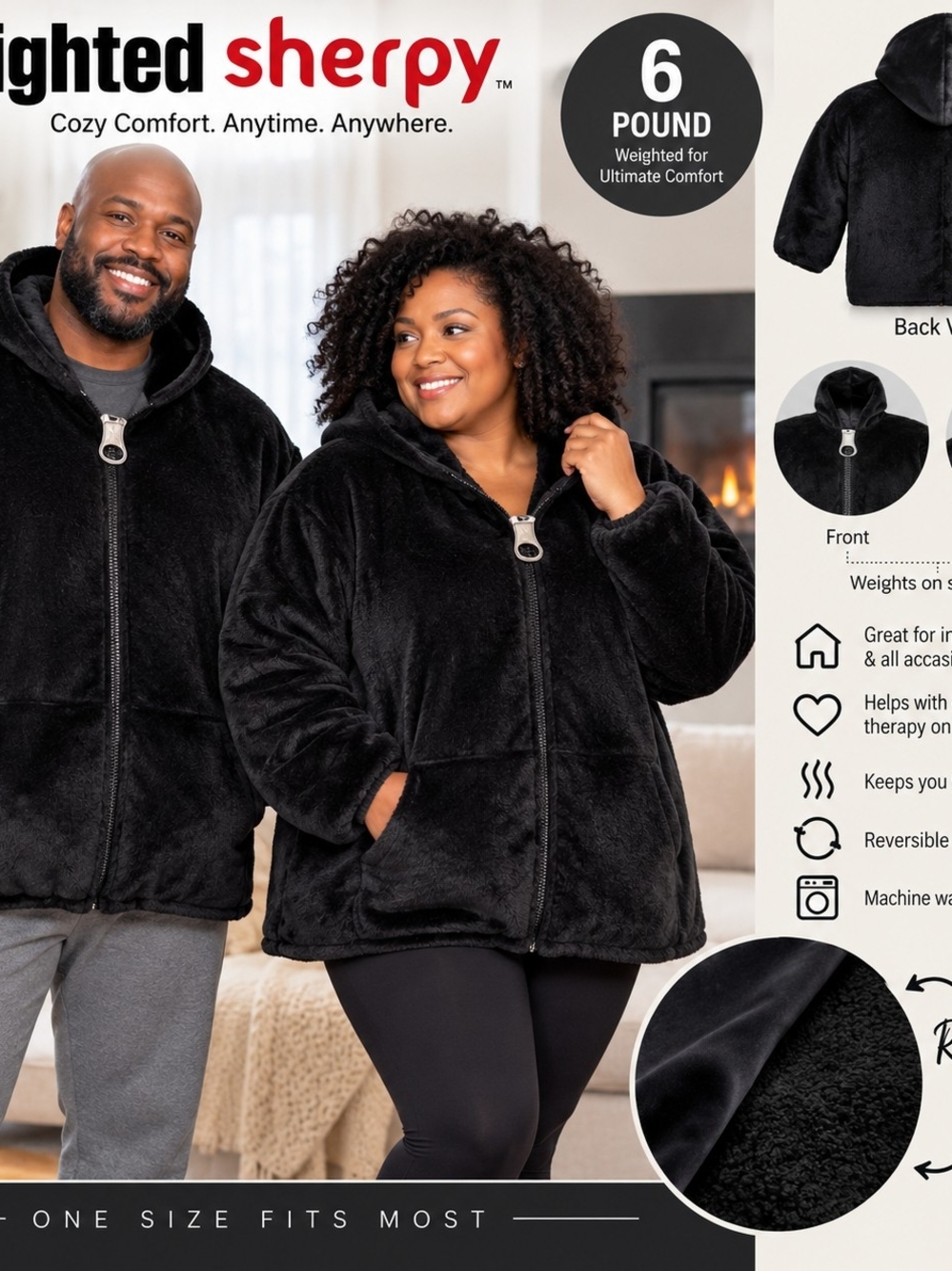 Sutton Weighted Sherpy 6 lb Hooded Wearable Blanket Black One Size
